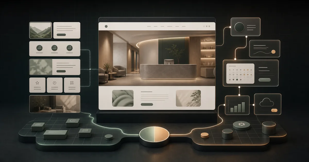 A medspa website is connected to balanced template modules and a tailored custom website system for an evidence-based build decision