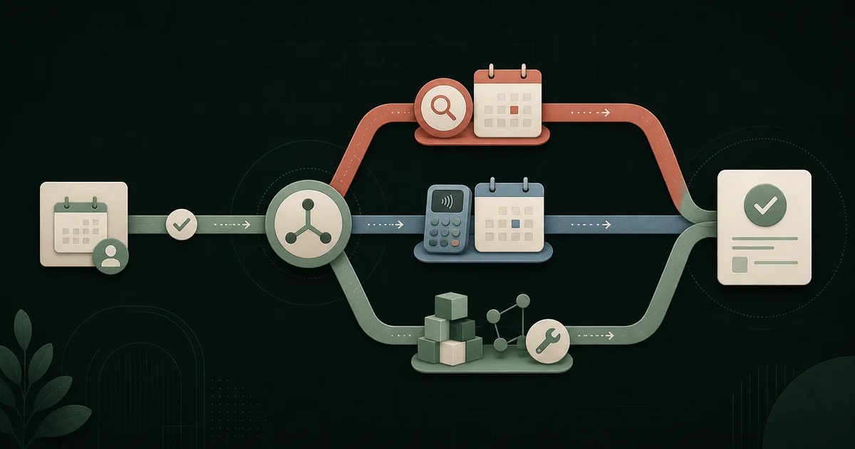 One clinic booking workflow branches into marketplace, payments, and modular custom software paths before returning to a confirmed appointment