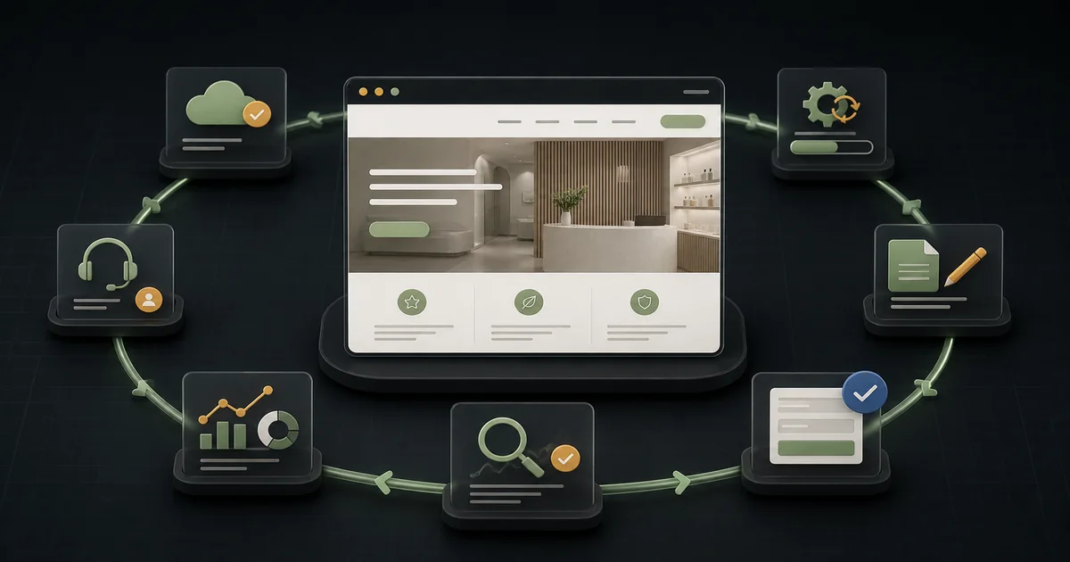 A medspa website connects to seven ongoing care modules for hosting, updates, content, booking, search, reporting, and support