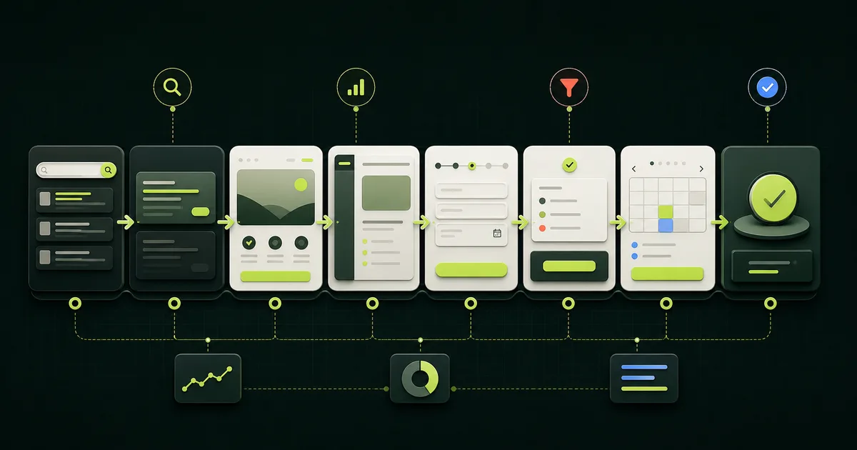 Eight connected screens trace a medspa conversion path from search to a confirmed appointment