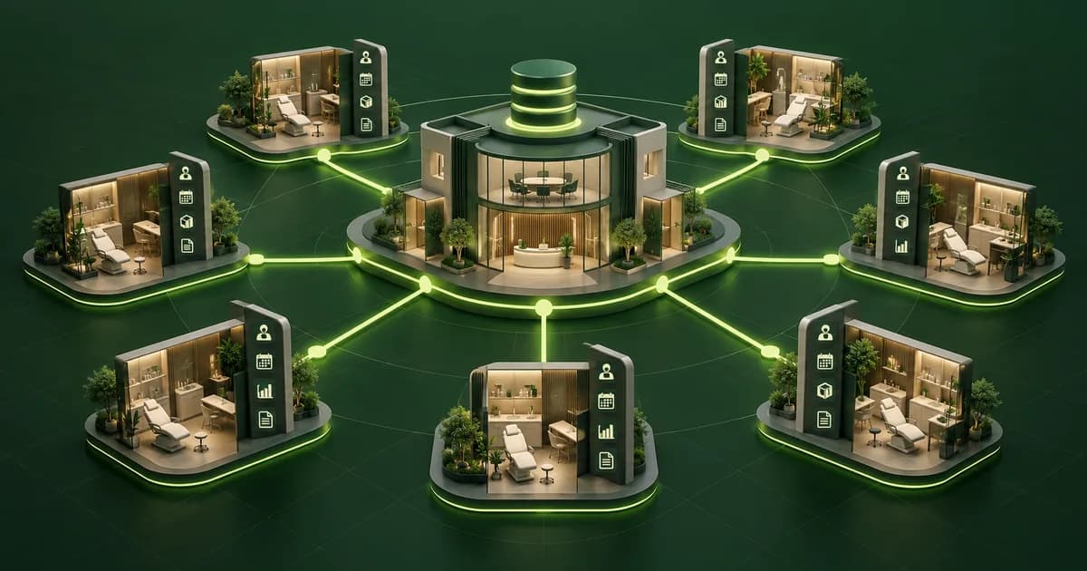 Central medical aesthetics operations hub connected to six clinic locations and their records, schedules, inventory, and reporting