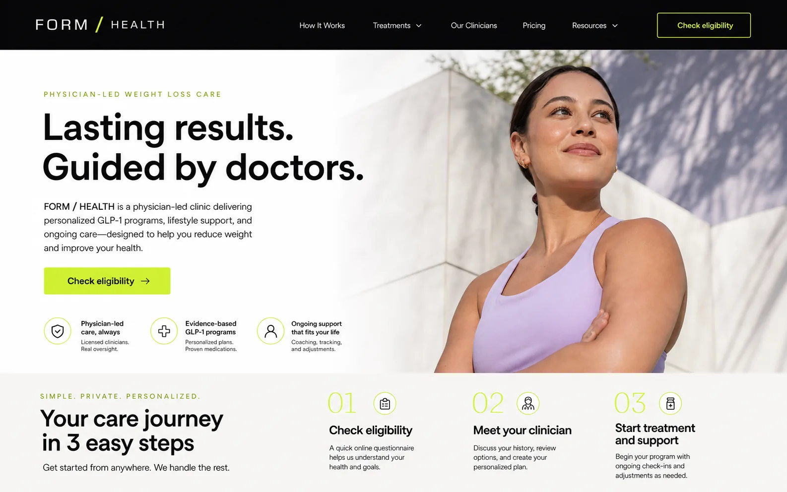 Form Health weight loss clinic website concept with eligibility and care journey sections