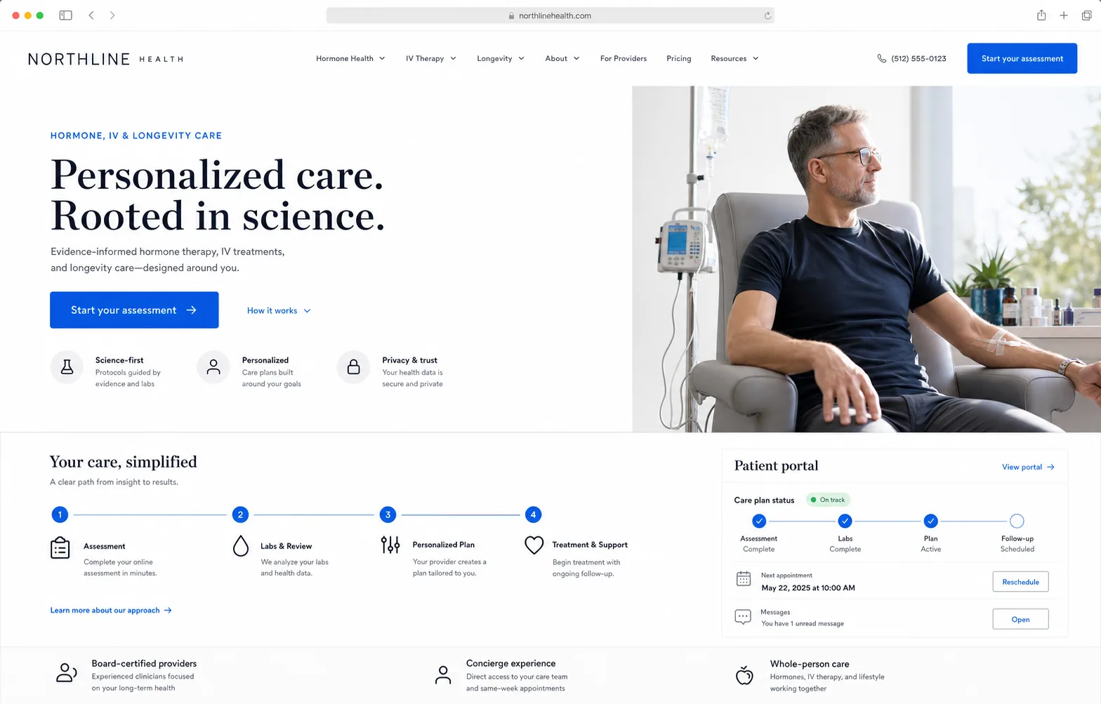 Northline Health wellness clinic website concept with assessment flow and patient portal preview