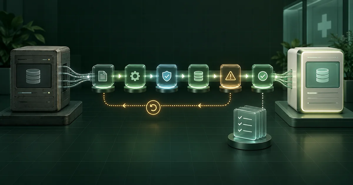 Six software migration checkpoints connect an old clinic system to a verified new system with a rollback path and evidence ledger
