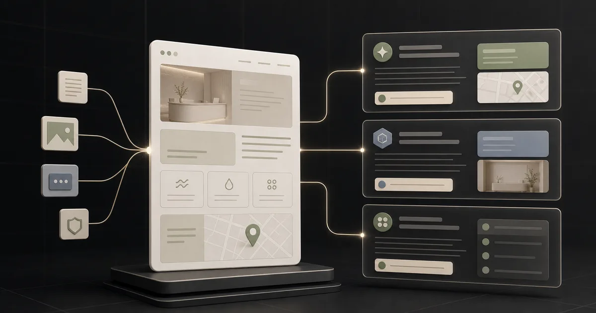 A clinic website connects to three AI answer panels through source and retrieval paths