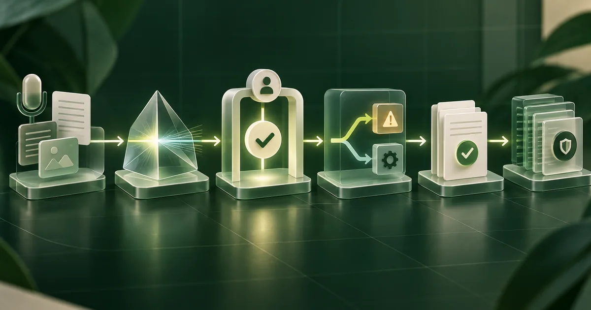 Six connected medspa AI software workflow checkpoints showing input, generation, human approval, exception handling, final output, and audit records
