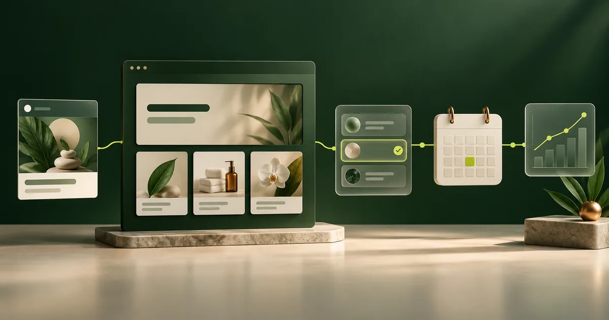 Editorial workflow illustration connecting a campaign ad to a med spa landing page, consultation choice, booking calendar, and measurement panel