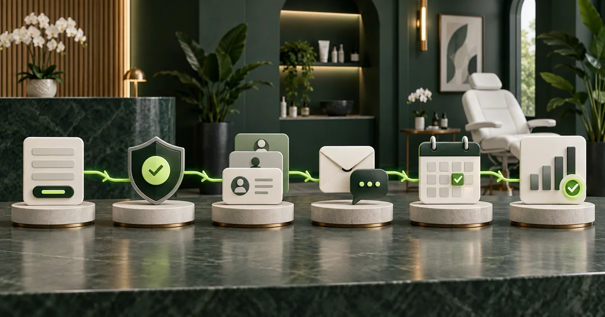 Editorial medspa marketing workflow connecting lead capture, consent, audience segments, messages, booking, and attribution