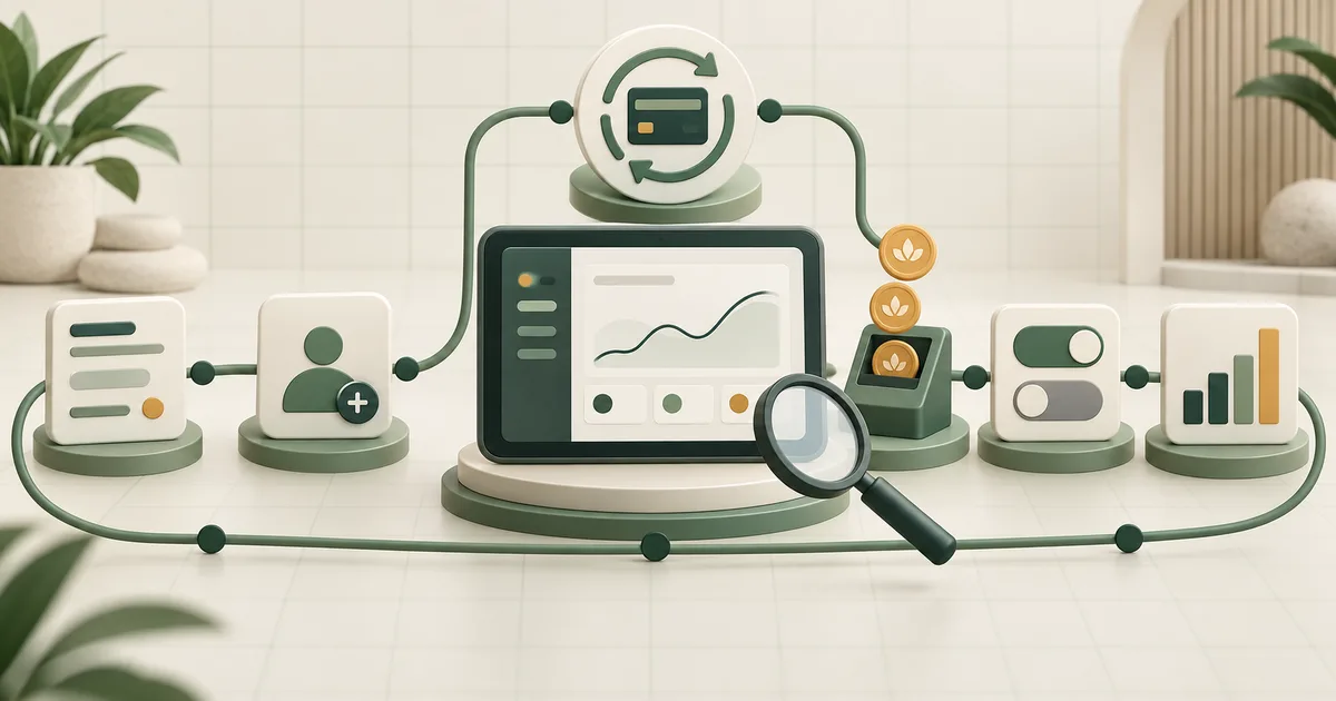 Editorial medspa membership software workflow connecting enrollment, recurring billing, credits, controls, and reporting