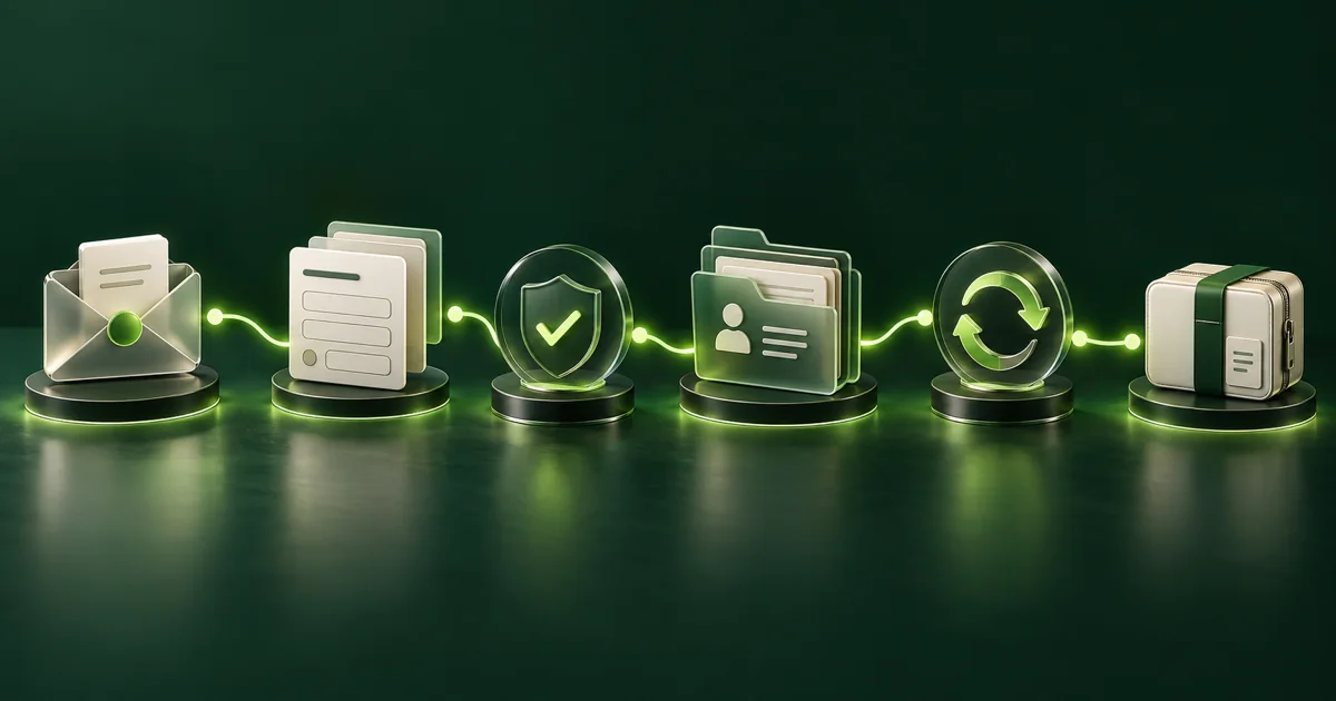 Six connected patient intake workflow stations for invitation, form completion, review, record filing, renewal, and export
