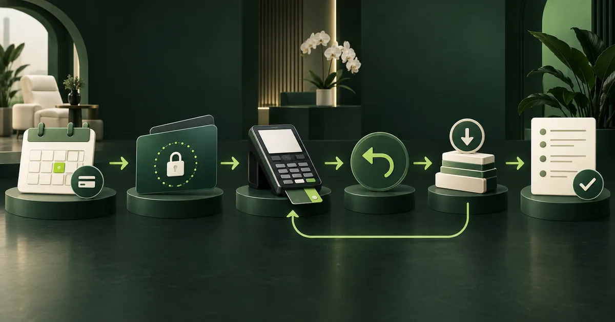 Editorial medspa payment workflow connecting appointment deposit, secure card token, checkout, refund, payout, and reconciliation
