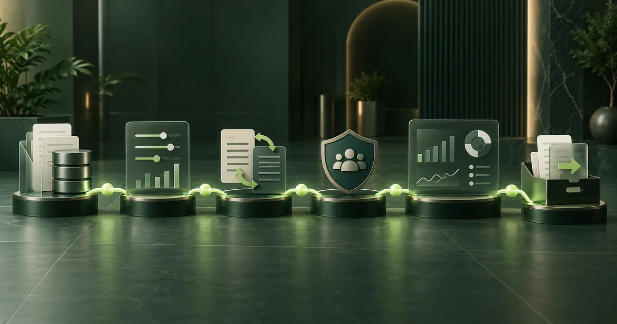 Six connected reporting workflow stations for source data, metric definitions, reconciliation, access, review, and export