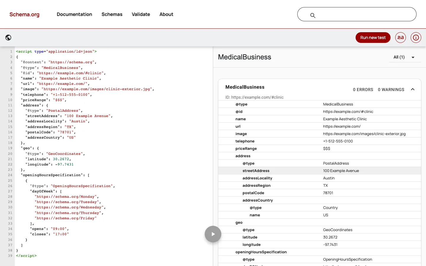 Schema Markup Validator result for the fictional medspa JSON-LD example