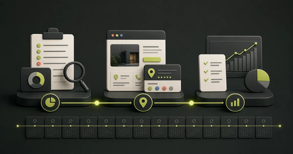 A three-phase medspa SEO roadmap connects an audit, local clinic website, and performance review across a weekly timeline