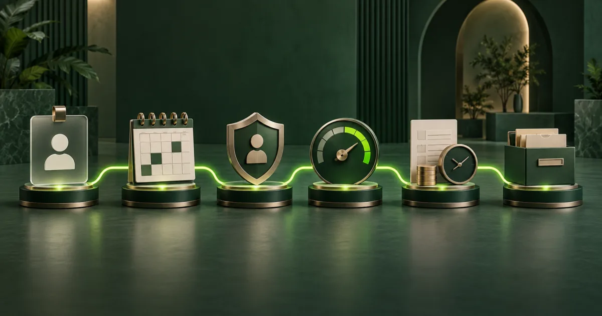 Six connected team operations stations for staff profiles, schedules, permissions, targets, timekeeping, and offboarding