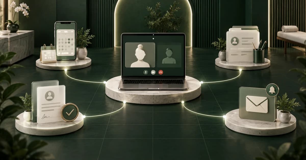 Telehealth workflow illustration connecting routing, consent, video consultation, clinical records, and follow-up